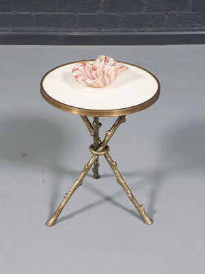 Contemporary Hollywood Regency Brass Twig Side Table w/ White Marble Top