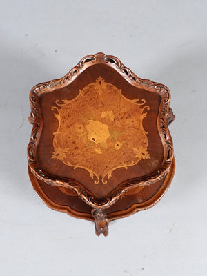 Italian Rococo Revival Marquetry Two-Tier Table w/ Carved Cherubs, c.1950’s