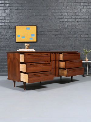 Mid Century Modern 9-Drawer Sculpted Walnut Dresser by American of Martinsville, c.1960’s