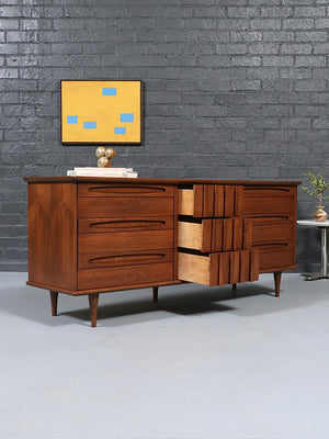Mid Century Modern 9-Drawer Sculpted Walnut Dresser by American of Martinsville, c.1960’s