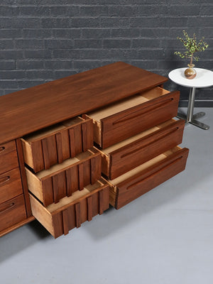 Mid Century Modern 9-Drawer Sculpted Walnut Dresser by American of Martinsville, c.1960’s