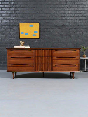 Mid Century Modern 9-Drawer Sculpted Walnut Dresser by American of Martinsville, c.1960’s