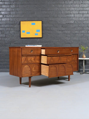 Mid Century Modern 9-Drawer Sculpted Walnut Dresser, c.1960’s