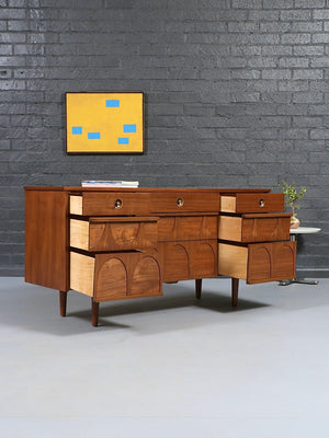 Mid Century Modern 9-Drawer Sculpted Walnut Dresser, c.1960’s