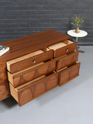 Mid Century Modern 9-Drawer Sculpted Walnut Dresser, c.1960’s