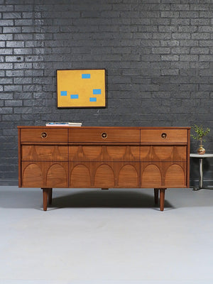 Mid Century Modern 9-Drawer Sculpted Walnut Dresser, c.1960’s