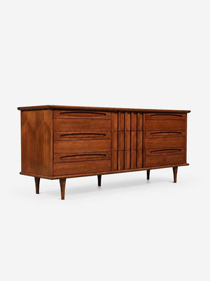 Mid Century Modern 9-Drawer Sculpted Walnut Dresser by American of Martinsville, c.1960’s