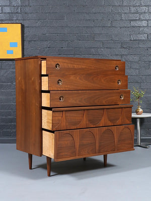 Mid Century Modern Sculpted Walnut Highboy Dresser, c.1960’s