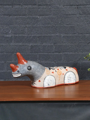 Vintage Mexican Tonalá Hand-Painted Ceramic Rhinoceros Sculpture, c.1960’s