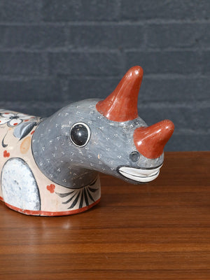 Vintage Mexican Tonalá Hand-Painted Ceramic Rhinoceros Sculpture, c.1960’s