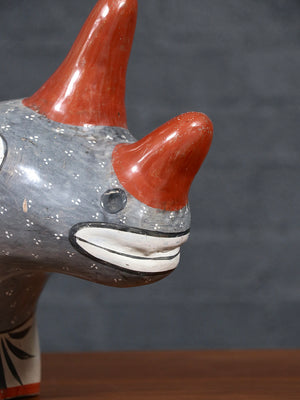 Vintage Mexican Tonalá Hand-Painted Ceramic Rhinoceros Sculpture, c.1960’s