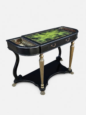French Neoclassical  Ebonized & Leather Top Console Table with Planter and Brass Claw Feet, c.1940’s