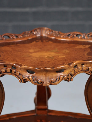 Italian Rococo Revival Marquetry Two-Tier Table w/ Carved Cherubs, c.1950’s