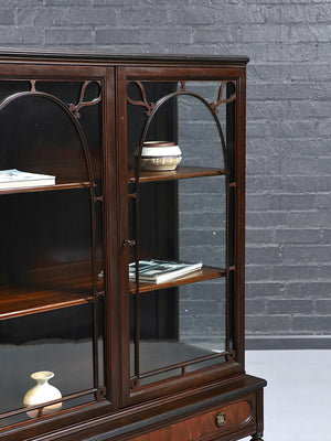 Antique English Sheraton Revival Mahogany & Glass Display Cabinet with Key, c.1920's