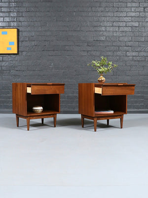 Pair of Mid Century Modern Walnut Night Stands w/ Cane Pulls & Bookcase, c.1950’s