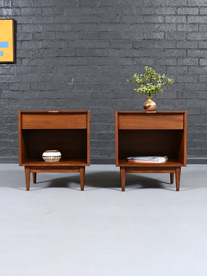 Pair of Mid Century Modern Walnut Night Stands w/ Cane Pulls & Bookcase, c.1950’s