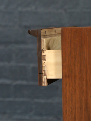 Pair of Mid Century Modern Walnut Night Stands w/ Cane Pulls & Bookcase, c.1950’s