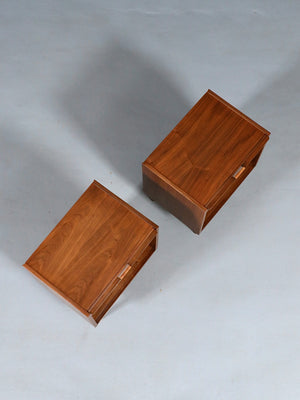 Pair of Mid Century Modern Walnut Night Stands w/ Cane Pulls & Bookcase, c.1950’s