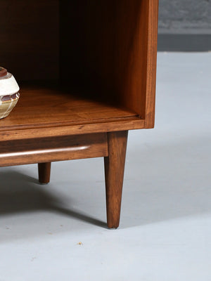 Pair of Mid Century Modern Walnut Night Stands w/ Cane Pulls & Bookcase, c.1950’s