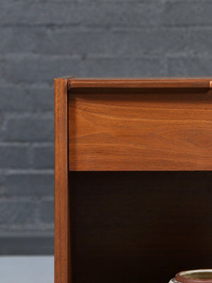 Pair of Mid Century Modern Walnut Night Stands w/ Cane Pulls & Bookcase, c.1950’s