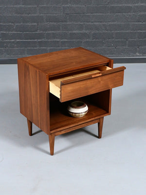 Pair of Mid Century Modern Walnut Night Stands w/ Cane Pulls & Bookcase, c.1950’s