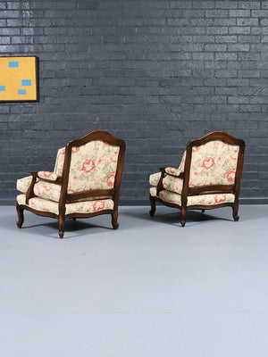 Pair of Vintage French Louise XV Style Floral Upholstered Lounge Chairs, c.1960’s