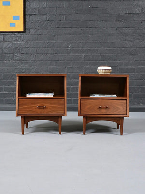 Pair of Mid Century Modern Walnut Night Stands w/ Bookcase by Kroehler, c.1950’s