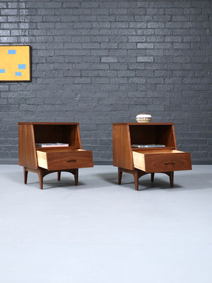 Pair of Mid Century Modern Walnut Night Stands w/ Bookcase by Kroehler, c.1950’s