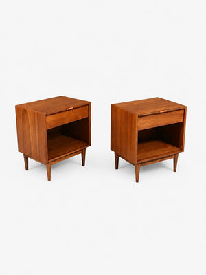Pair of Mid Century Modern Walnut Night Stands w/ Cane Pulls & Bookcase, c.1950’s