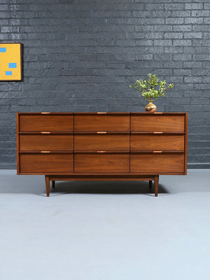 Mid Century Modern 9-Drawer Walnut w/  Cane Pulls, c.1960’s