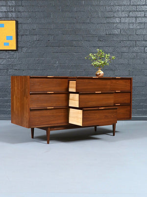 Mid Century Modern 9-Drawer Walnut w/  Cane Pulls, c.1960’s