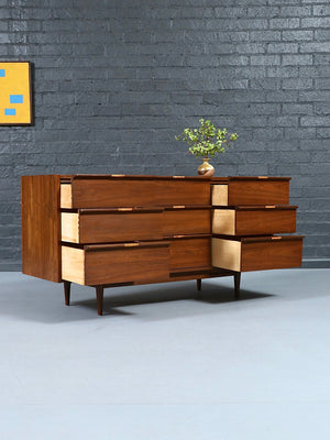 Mid Century Modern 9-Drawer Walnut w/  Cane Pulls, c.1960’s