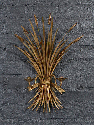 Pair of Italian Hollywood Regency Gilt Metal Wheat Sheaf Candle Wall Sconces, c.1950’s