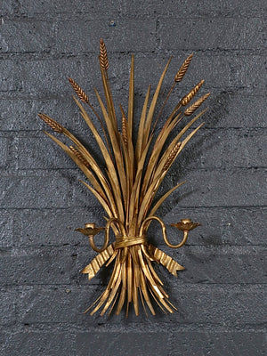 Pair of Italian Hollywood Regency Gilt Metal Wheat Sheaf Candle Wall Sconces, c.1950’s