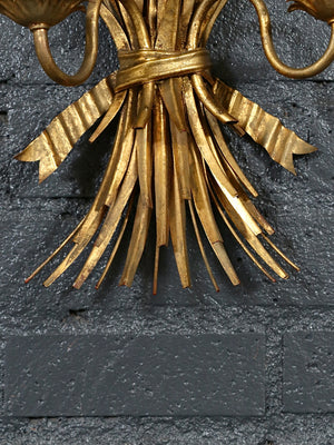 Pair of Italian Hollywood Regency Gilt Metal Wheat Sheaf Candle Wall Sconces, c.1950’s