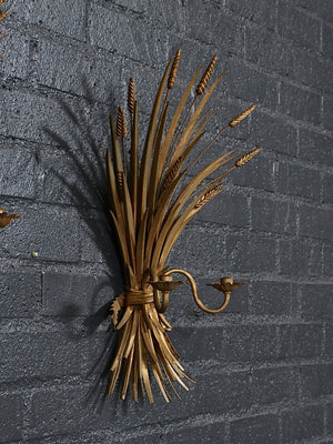 Pair of Italian Hollywood Regency Gilt Metal Wheat Sheaf Candle Wall Sconces, c.1950’s