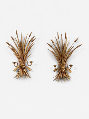 Pair of Italian Hollywood Regency Gilt Metal Wheat Sheaf Candle Wall Sconces, c.1950’s