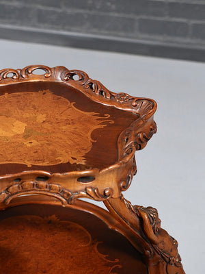 Italian Rococo Revival Marquetry Two-Tier Table w/ Carved Cherubs, c.1950’s