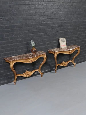 Pair of Italian Early 20th Century Carved Giltwood & Marble Console Tables, c.1920's