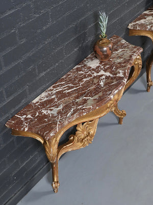 Pair of Italian Early 20th Century Carved Giltwood & Marble Console Tables, c.1920's