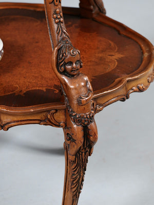 Italian Rococo Revival Marquetry Two-Tier Table w/ Carved Cherubs, c.1950’s