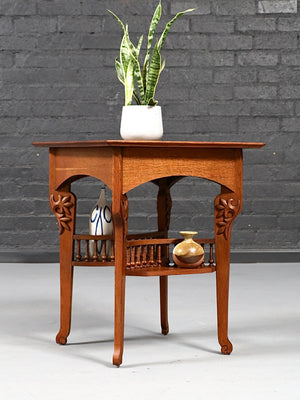 Arts & Crafts Carved Oak Side Table w: Magazine Rack, c.1950’s