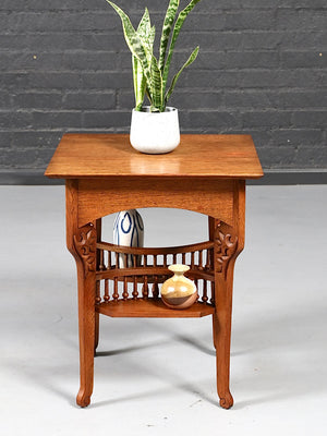 Arts & Crafts Carved Oak Side Table w: Magazine Rack, c.1950’s