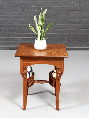Arts & Crafts Carved Oak Side Table w: Magazine Rack, c.1950’s