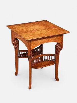 Arts & Crafts Carved Oak Side Table w: Magazine Rack, c.1950’s