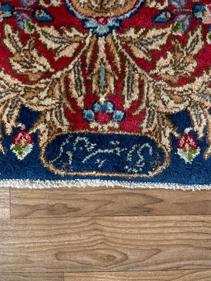 Vintage Persian Kashan Rug – Hand-Knotted Floral Medallion on Deep Indigo Field, c.1940s