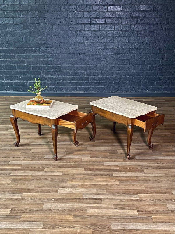 Pair of French Provincial Style Side Tables w/ Travertine Tops by Crown City Table Co., c.1960’s