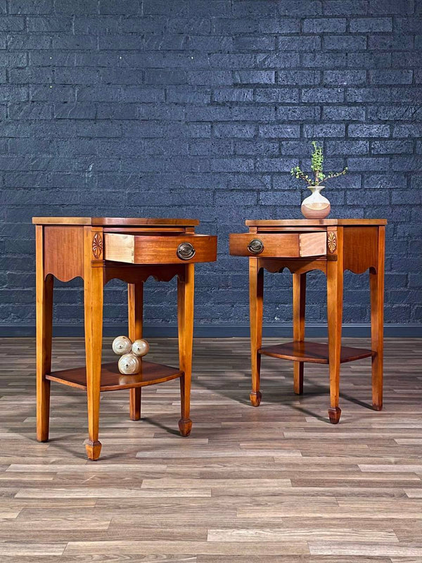 Pair of American Federal Mahogany Night Stands w/ Carved Rosettes & Brass Pulls, c.1950’s