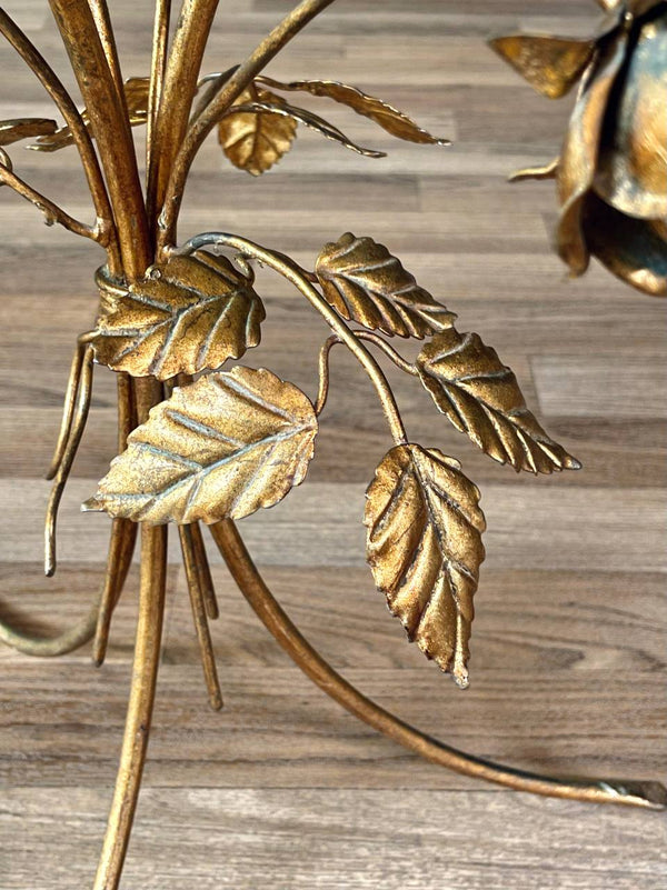 Italian Hollywood Regency Gilt-Metal Rose & Leaf Side Table w/ Glass Top, c.1960’s