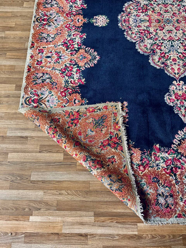 Large Persian Kashan Rug Hand-Knotted Rust Floral Medallion on Deep Indigo Field, c.1930s